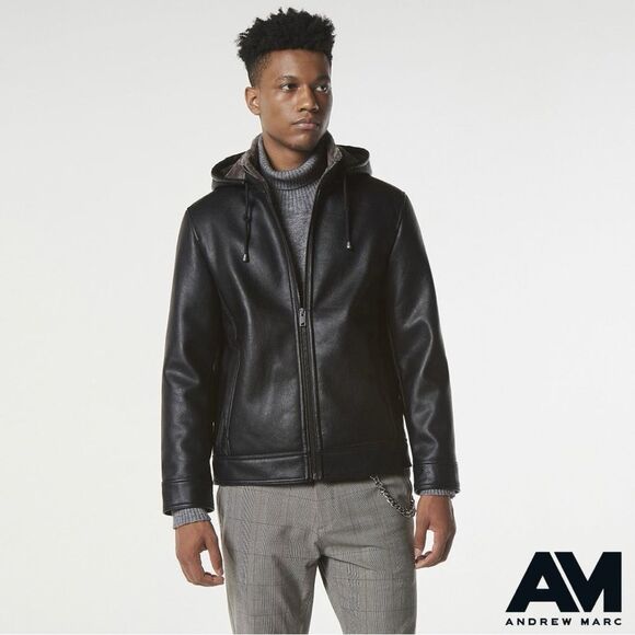 Andrew Marc **NWT**  Men's Jutland Faux Shearling-Lined Moto Jacket in Black - Picture 1 of 10